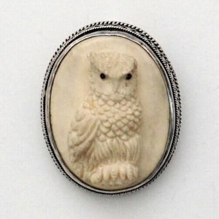 Vintage Owl Cameo 925 Sterling Silver 1 1/2 " Brooch / Pendant Signed