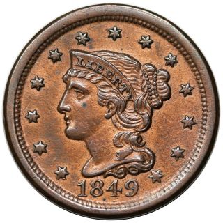 1849 Braided Hair Large Cent,  N - 11,  R1,  Rare Lds (f),  Reverse Cuds,  Au Detail