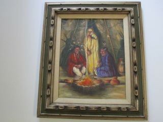 Mystery Artist Painting Vintage Native American Indian Camp Fire Tradition Chief