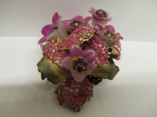 Early Vintage Signed Miriam Haskell Pink Purple Glass Flower Bead Pin Brooch