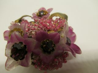 Early Vintage Signed MIRIAM HASKELL Pink Purple Glass Flower Bead Pin Brooch 2
