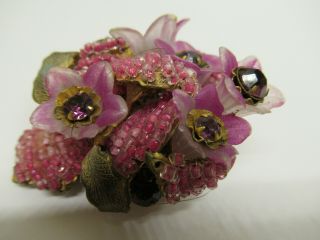 Early Vintage Signed MIRIAM HASKELL Pink Purple Glass Flower Bead Pin Brooch 4