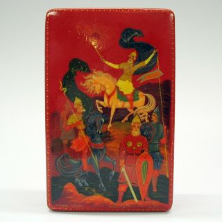 Unusual Vintage Red Russian Lacquer Hand Painted Box Warriors On Horses