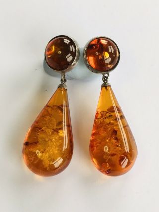 Vintage Stunning Amber Earrings Silver 925 Natural Cognac Amber