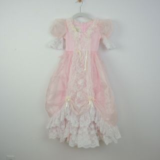 Vtg 80s Loralie Girls Gown Dress Sz 4 - 6 Pink White Lace Princess Ruffles