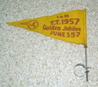 VINTAGE 1957 ISLE OF MAN GOLDEN JUBILEE TT FLAG PENNANT - IoM MANX T.  T.  RACES 2