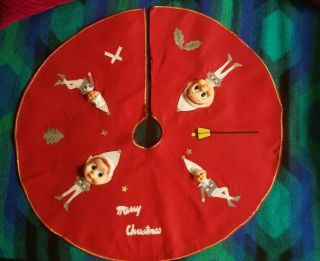 Rare Vintage Christmas Tree Skirt Japan Plastic Elves Elf Pixie Felt Xmas