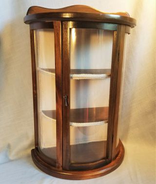 Vintage Miniature Curio Cabinet Curved Glass Satin Lined Tabletop Or Wall Mount