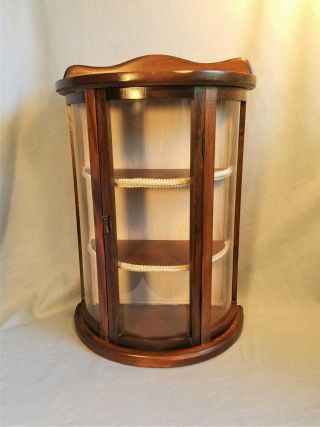 Vintage Miniature Curio Cabinet Curved Glass Satin Lined Tabletop or Wall Mount 2