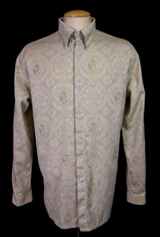 Gianni Versace Large Madusa Head Shirt 52 Us Xl Beige Jacquard Ls Rare Vtg