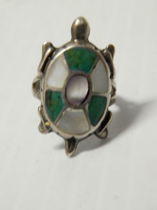 Vintage Zuni Indian Turtle Dsn Inlay Turquoise,  White Shell Sterling Silver Ring