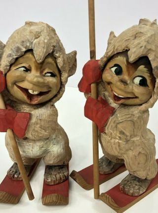 Norway Wood Carved Ski Troll Gnome Pair Hand Made Vintage Pixie Elf 8 "