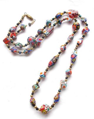 Vintage Colourful Red Black Millefiori Venetian Murano Glass Beads Necklace