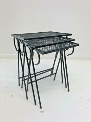 3 Vintage Black Nesting Table Set Stacking Metal Mid Century Modern Plant Stand