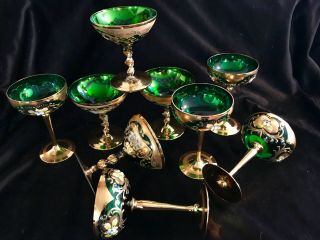 Vintage,  9 Italian Champagne Goblets Green Glass With Gold & Flowers