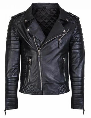 Mens Kay Michael Real Leather Jacket Black Diamond Quilted Slim Fit