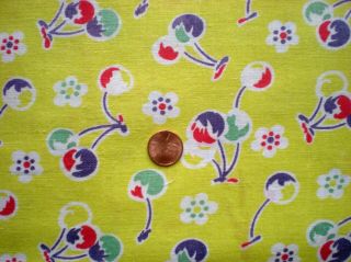 CHERRIES on CHARTREUSE Full Vtg FEEDSACK Quilt Doll Clothes Sewing Craft Fabric 2