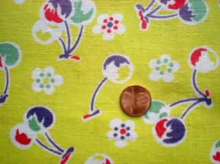 CHERRIES on CHARTREUSE Full Vtg FEEDSACK Quilt Doll Clothes Sewing Craft Fabric 3
