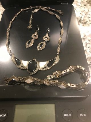 Gorgeous Vintage Sterling Black Onyx Cuff Bracelet Ring Necklace Set