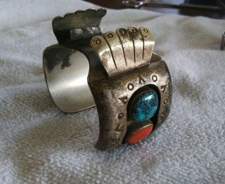 Vintage Navajo Old Pawn Turquoise,  Coral Sterling Silver Watch Cuff Bracelet