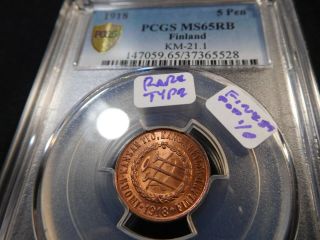 A85 Finland 1918 5 Pennia Pcgs Ms - 65 Red Brown Rare Type Finest Known Pop:1/0