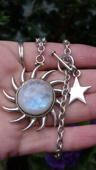 Large Vintage Rainbow Moonstone & Solid Sterling Silver Sun & Star Necklace