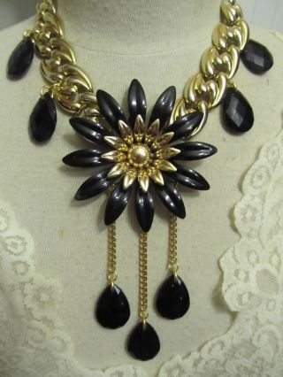 Vintage Sarah Coventry Black Enamel Flower Statement Necklace - Repurposed Ooak