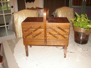 Vintage Romania Accordion 3 Tier Fold Out Wood Sewing Box Cabinet Basket W/legs