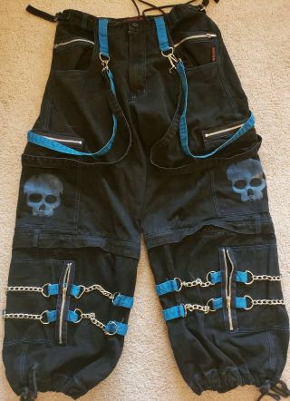 Tripp Nyc Goth Pants Zip Off Shorts Chains Emo Black Blue Stitch Sz L Skulls