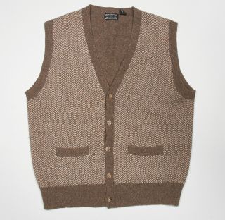 Vintage Mens Brooks Brothers Sweater Vest Xl In Taupe Beige Gray Chevron Lambswo