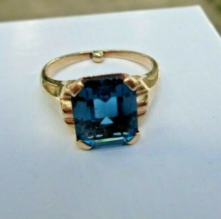 Vintage 10k Solid Yellow Gold Blue Topaz Ring Emerald Cut 1940 