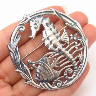 925 Sterling Silver Vintage Beau " Fish & Seahorse " Ocean Theme Pin Brooch