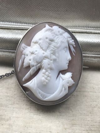 Antique Victorian Sterling Silver Italian High Relief Carved Shell Cameo Brooch