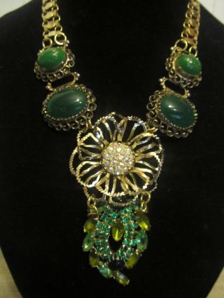 Sarah Coventry Rhinestone Flower & Jade Statement Necklace - Vintage Repurposed