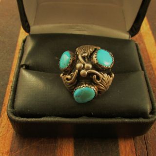 Unusual 3 Stone Vintage Southwest Turquoise Ring Size 4 3/4 Sterling