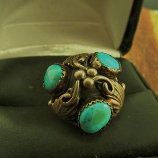 UNUSUAL 3 STONE VINTAGE SOUTHWEST TURQUOISE RING SIZE 4 3/4 STERLING 2