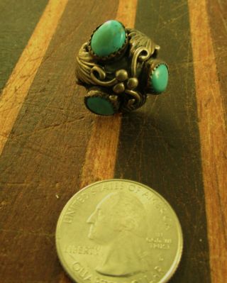UNUSUAL 3 STONE VINTAGE SOUTHWEST TURQUOISE RING SIZE 4 3/4 STERLING 4