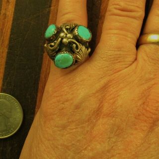 UNUSUAL 3 STONE VINTAGE SOUTHWEST TURQUOISE RING SIZE 4 3/4 STERLING 6