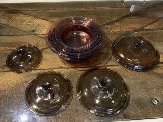 Vintage Pyrex Visions Ribbed Amber Bowl Set with Lids - Rare Ribbed Pattern 3