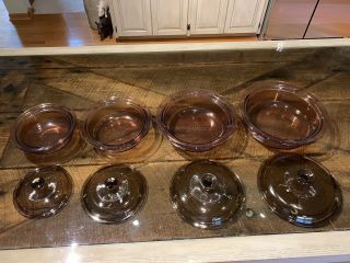 Vintage Pyrex Visions Ribbed Amber Bowl Set with Lids - Rare Ribbed Pattern 6