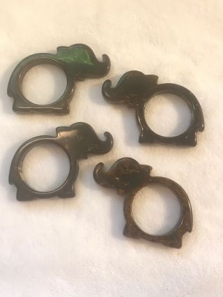 4 Vintage Mid Century Rare Marbled Brown Bakelite Elephant Napkin Rings Holders