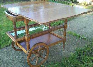 Vintage Mid Century Wood Drop Leaf Table Bar Cart Serving Glass Tray Buffet Food