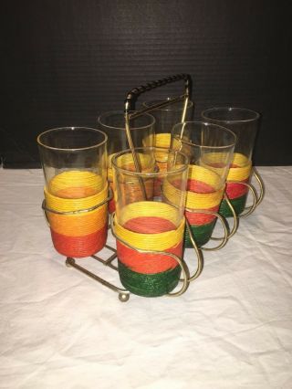 6 Vintage Mid - Century Woven Wrapped Libby Drinking Glasses With Caddy