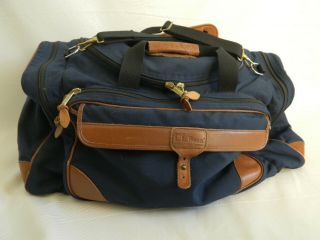 Vintage Ll Bean 22” Blue Canvas Duffle Bag W\leather Trim And Shoulder Strap
