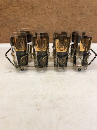 Vintage Mid Century Drinking Glasses Set Of 8 With Caddy Black And Gold States