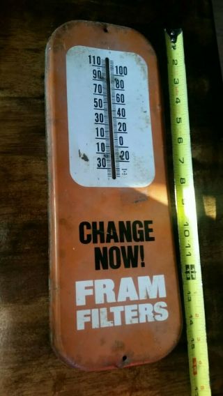 Vintage Fram Filters Change Now Orange White Metal 16 " Wall Thermometer
