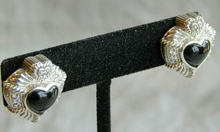 Judith Ripka Heart Earrings Sterling Silver Black Onyx & Cz 116
