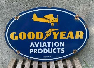 Vintage Good Year Aviation Porcelain Sign Steel Gas Oil Tough Truck Part