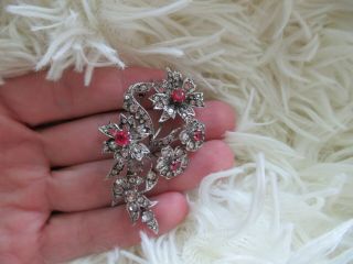 A Vintage Sterling Silver Floral Brooch Set with Diamond and Ruby Paste Stones 2
