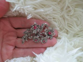 A Vintage Sterling Silver Floral Brooch Set with Diamond and Ruby Paste Stones 4